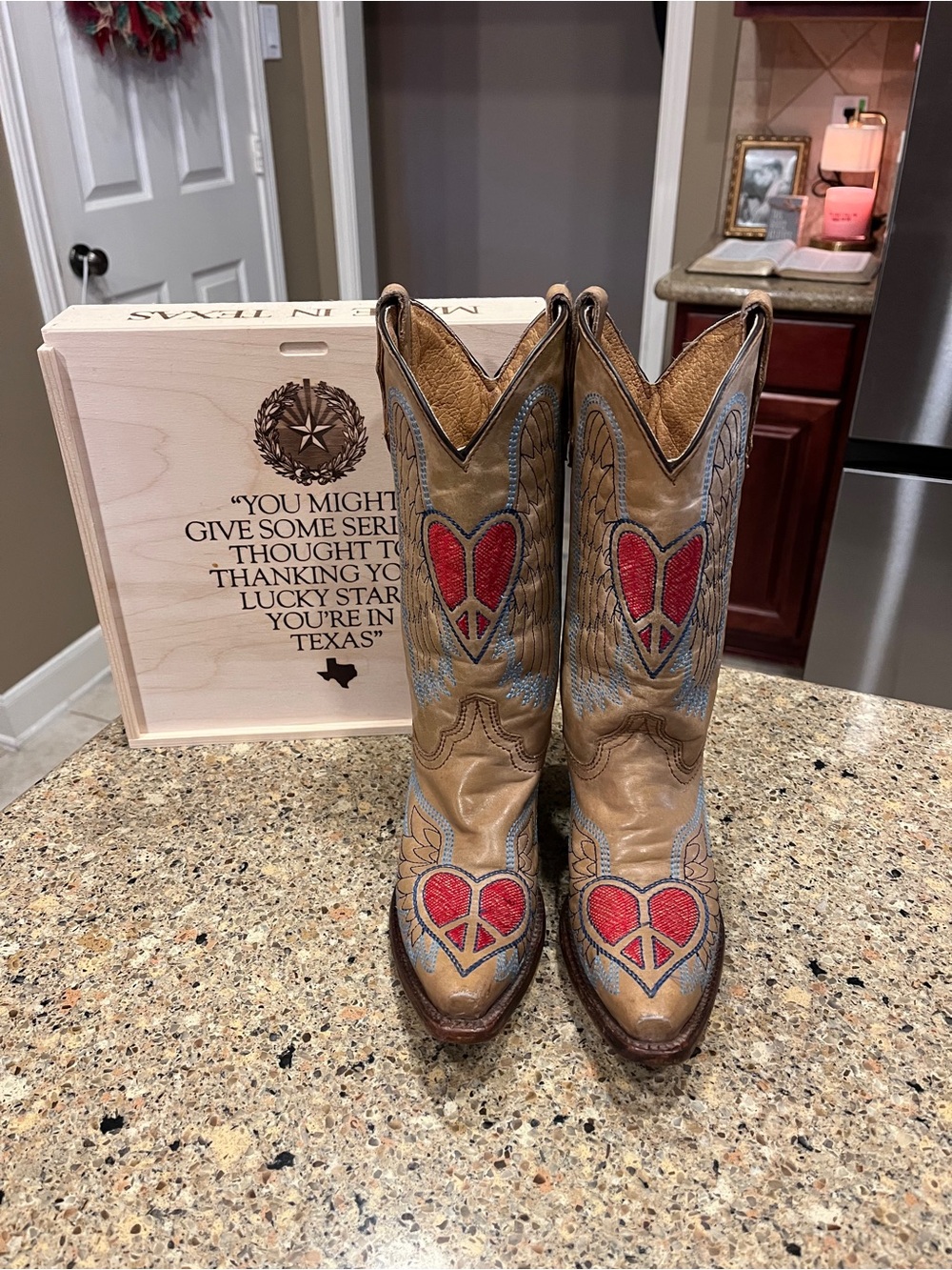 Corral Tan Cowboy Boots with Red Hearts and Angel wings teen size 4